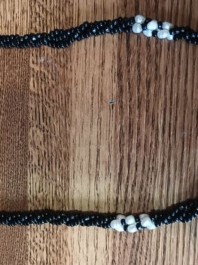 Handmade Black Seed Bead Necklace with White Accent